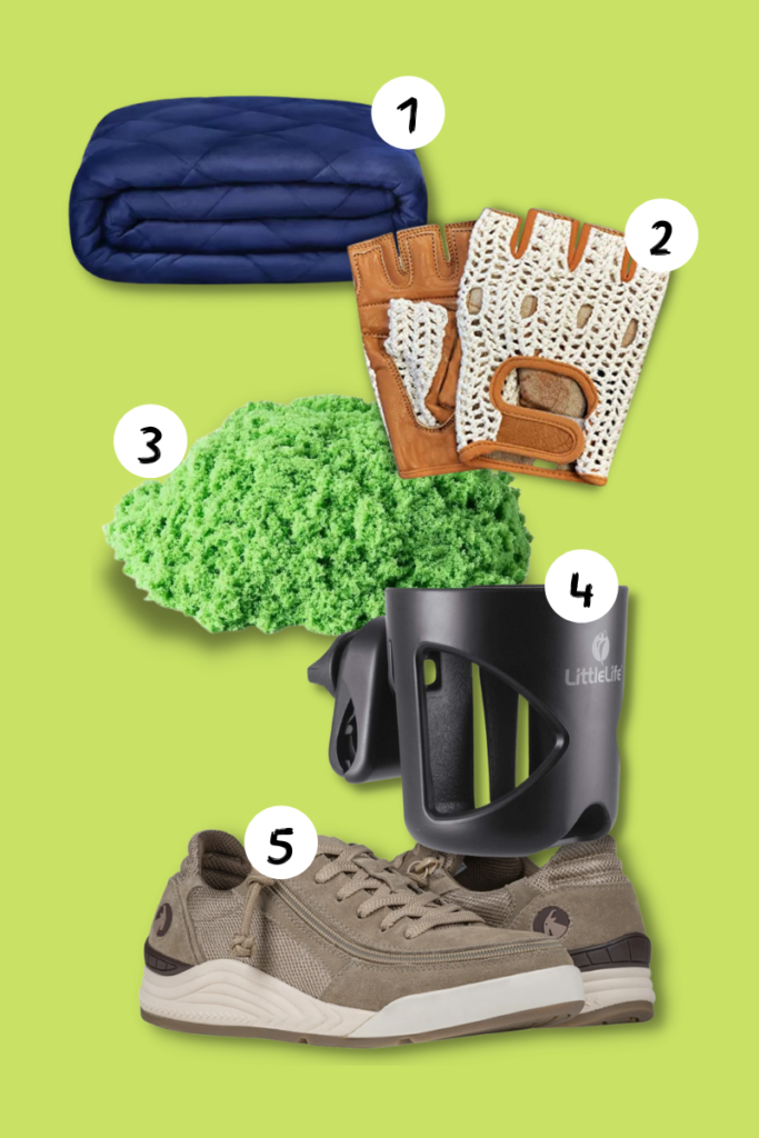 Photos of gifts 1 to 5 in the accessible gift guide: A blue weighted blanket, a brown pair of fingerless wheelchair gloves, green kinetic sand, a cup holder attachment for a wheelchair and a brown pair of zip up trainers.