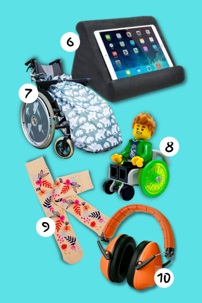Gift 6-10 of the accessible gift guide: a black tablet cushion, a wheelchair cosy, a lego figure in a wheelchair, a pair of flowery compression socks and a pair of orange ear defenders.