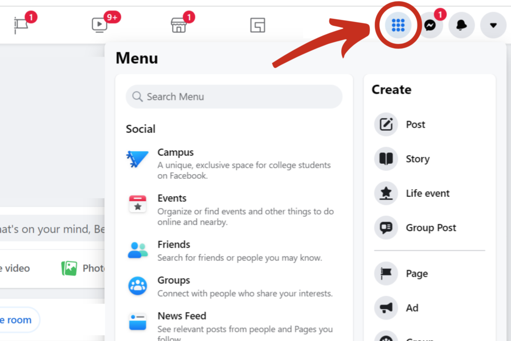A desktop screenshot of the Facebook homepage, with a red circle around the menu button.