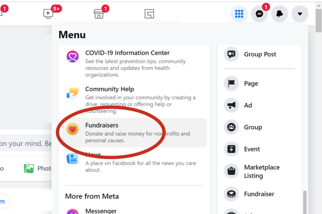 A desktop screenshot of the Facebook menu with a red circle around the 'Fundraisers' option.
