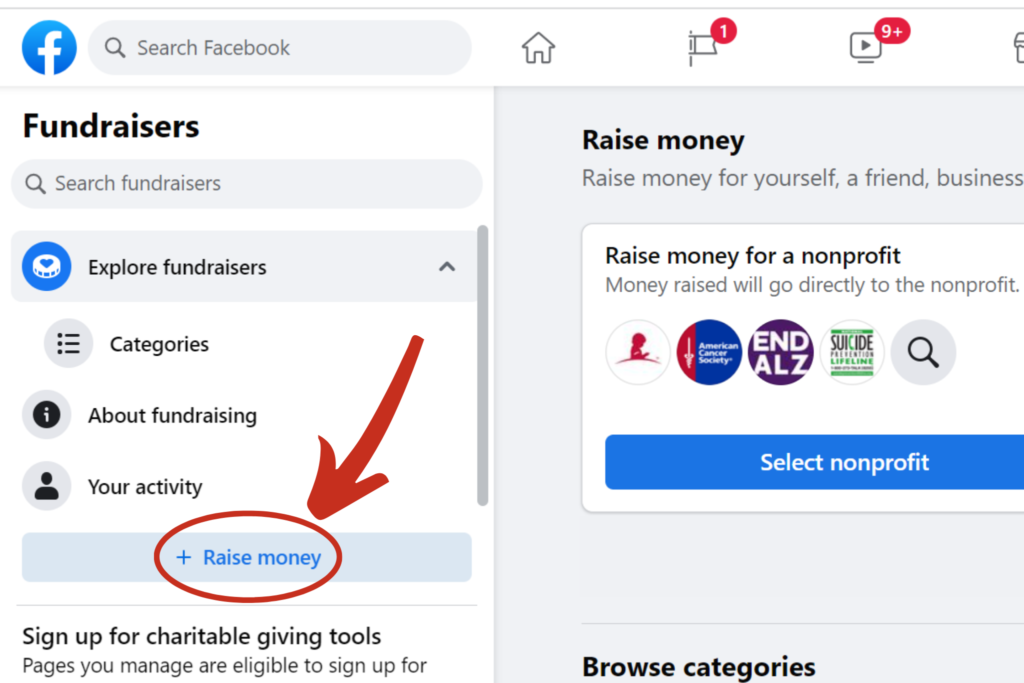 A desktop screenshot of the Facebook 'Fundraisers' page with a red circle and arrow indicating the 'Raise money' button.