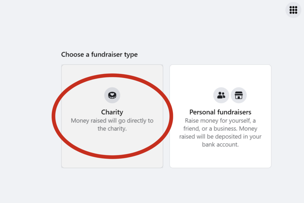 A desktop screenshot with a red circle around the 'Charity' option.