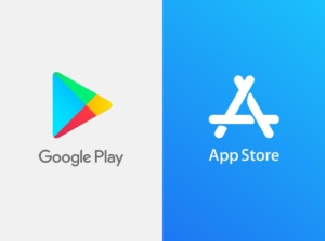 The Google Play logo and the App Store logo side-by-side.