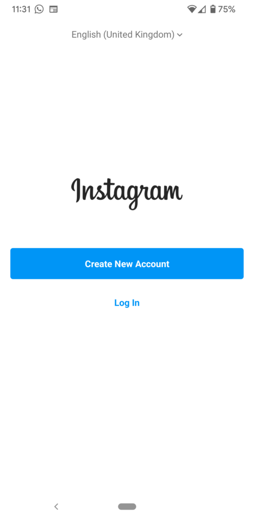The homepage of Instagram, where there are options to Create New Account or Log In.