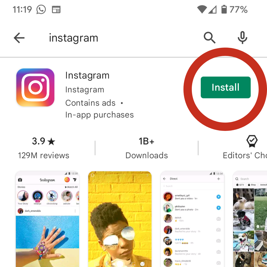 A screenshot of the Instagram app in the Google Play Store.