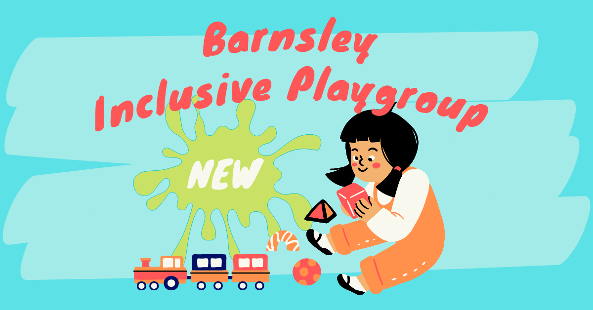 The Title In Pink Says, 'Barnsley Inclusive Playgroup'. An Illustration Shows A Young Girl Playing With Toy Blocks. A Toy Train Runs Along The Bottom.