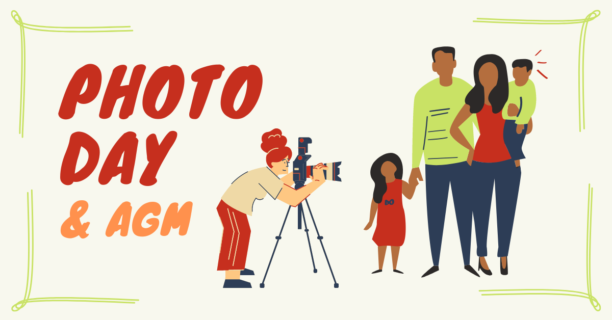 The title text reads 'Photo Day & AGM' on this graphic advertising our annual charity meeting. An illustration shows a family gathering to have their photo taken by a photographer.