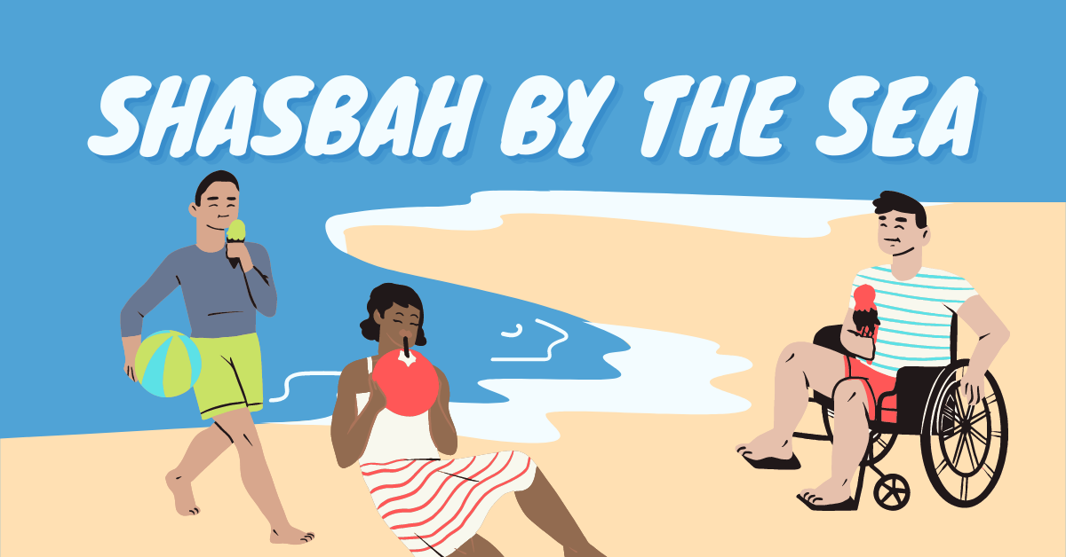 The background is a blue sea with a wave coming up on a sandy beach. Title text says 'SHASBAH by the sea'. Illustrations show a man walking along the beach and eating an ice cream, a lady sitting down and drinking from a coconut and a man in a wheelchair sitting on the beach.