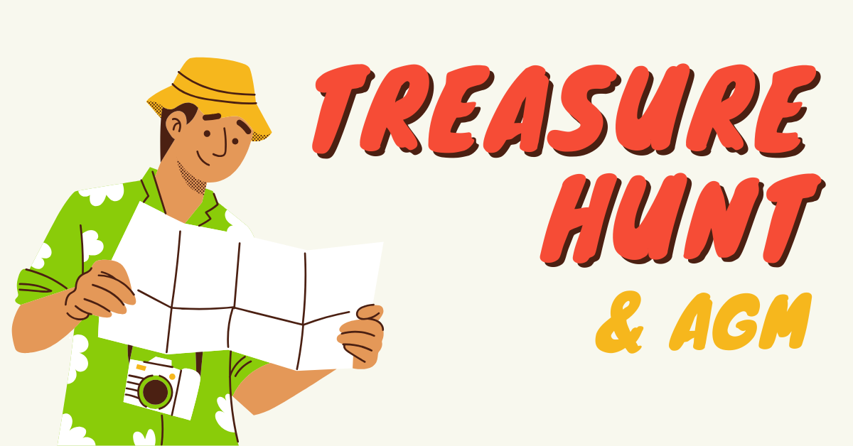 Text says, "Treasure hunt and AGM" in bubble writings. A cartoon image is a man in a green shirt and bucket hat, holding a map.