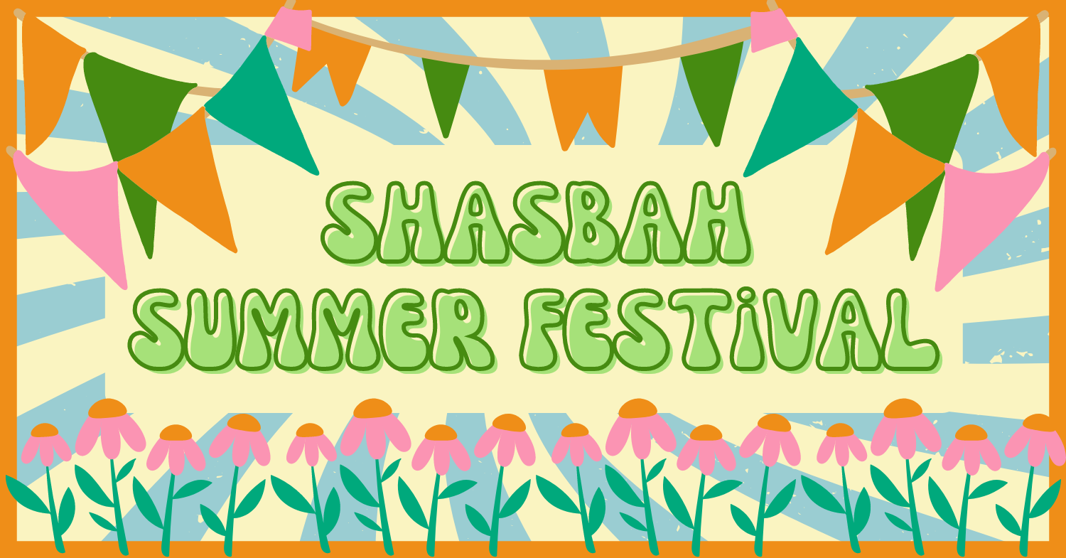 A graphic has a swirled blue and white pattern background. Green bubble writing says 'SHASBAH summer festival'. There are illustrations of flags across the top and flowers across the bottom of the image.